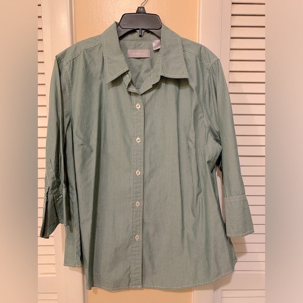 Liz Claiborne Light Green Striped Button-Down Shirt